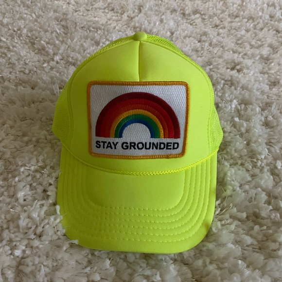 Aviator Nation Accessories - Aviator Nation Unisex Neon Yellow Stay Grounded Trucker Hat with Rainbow Detail